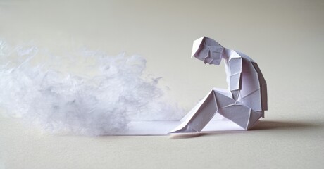Poster - Paper figure, slumped posture, sadness. Smoke emanates from form, suggesting fragility, loss, despair. Minimalist aesthetic, soft lighting.