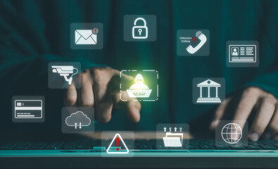 hacker, scam alert warning with cybersecurity icons. businessman being deceived the internet to stea