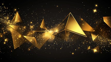 Poster - A mesmerizing abstract composition featuring golden geometric triangles and sparkling particles against a dark background. perfect for use in digital design or artistic projects