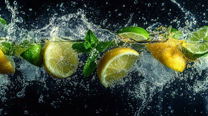 Poster - Fresh lemons, limes, and mint splashing in water.
