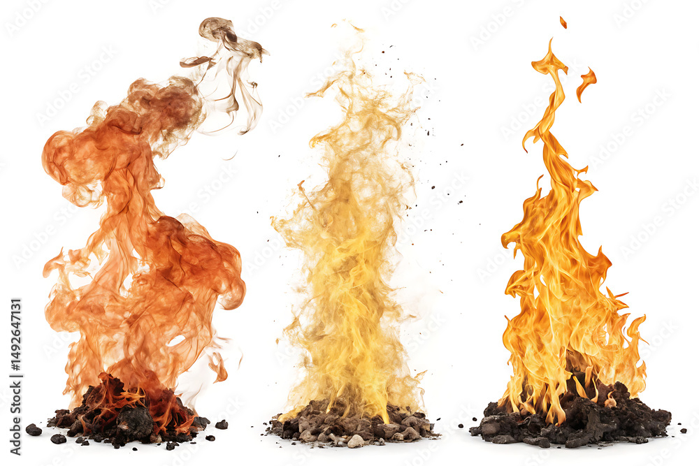 Three fire elements on a white background showing different stages of ...
