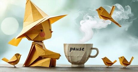 Poster - Origami birds, cup, steam create peaceful scene. Warm tones, soft light, simple composition. Pause message adds quiet moment.