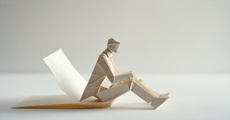 Poster - Origami figure sits upon open book. Minimalist composition, soft lighting, paper art, delicate folds, simple design. Quiet contemplation.