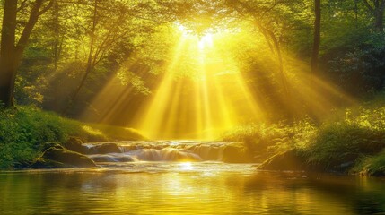 Poster - Sunbeams illuminate a tranquil forest stream and lush greenery.
