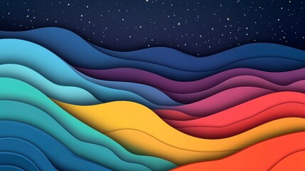 Aufkleber - Abstract colorful layered wavy paper cut design with a night sky background.