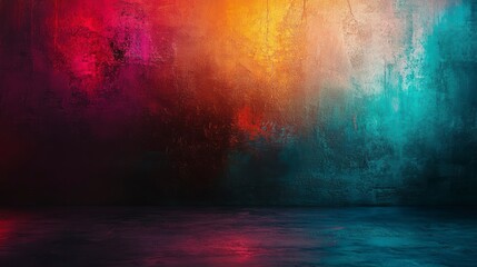Aufkleber - Colorful neon lights illuminate a textured grunge wall and floor, creating a dramatic, moody backdrop.