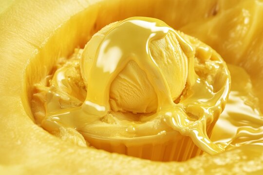 A closeup of a scoop of yellow ice cream within a hollowed-out yellow fruit.