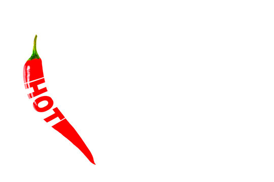 HOT, creative text written on red hot chili peppers. White background. Copy space