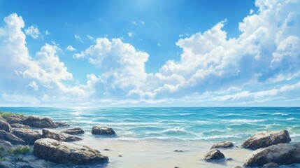 Poster - Sunny beach scene with clear blue water, white clouds, and rocky shore.