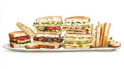 Poster - Assorted gourmet sandwiches and breadsticks on a platter.