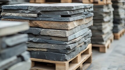Poster - Stacked stone slabs on wooden pallets in a warehouse. (1)