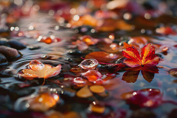Poster - autumn leaves float on calm water, creating a serene image. red and orange hues reflect, showcasing 