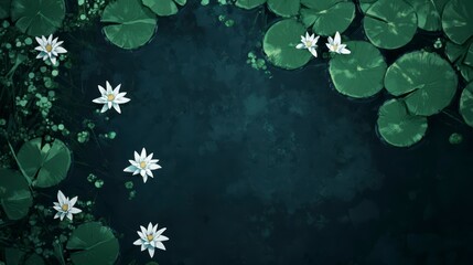Poster - Overhead view of water lilies and lily pads on dark water.