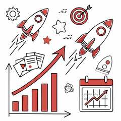 Wall Mural - Startup growth icons with charts, rockets, and planning symbols