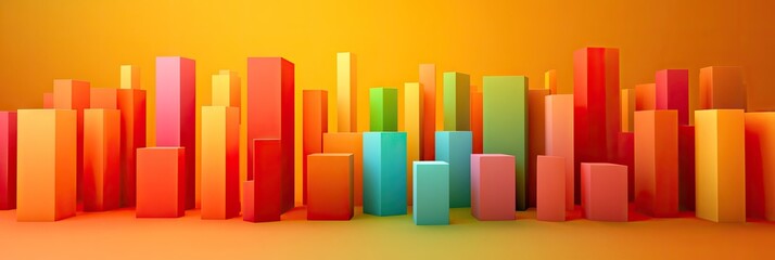 Poster - A vibrant city skyline featuring colorful skyscrapers against a gradient orange background. showcasing modern architecture and urban life