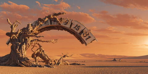 Poster - Desert landscape with a weathered tree forming an arch, displaying numbers suggesting time or a countdown, symbolizing the passage of time and nature's resilience