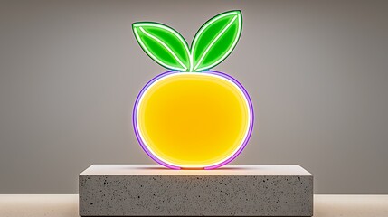 Poster - Neon Orange Fruit with Green Leaves on Gray Platform