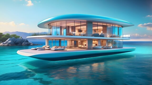 A radiant floating luxury home with glowing glass walls in vibrant turquoise waters, Cinematic theme, HDR, Vibrant
