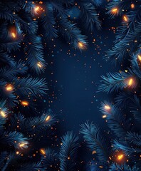 Wall Mural - dark blue christmas tree branches with glowing lights in darkness, wallpaper background winter time