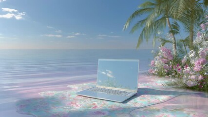 Wall Mural - silver laptop sits open on a pastel floral blanket beside flowering bushes and palm trees at the edg