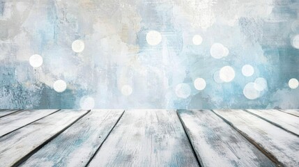 Poster - Rustic wooden table against a bokeh-filled blue textured wall.