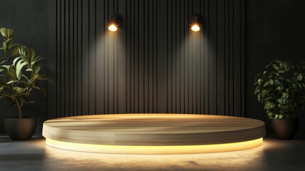 Aufkleber - Illuminated circular wooden platform with plants on dark background.
