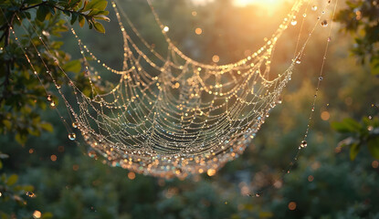 Intricate Spiderweb with Morning Dew Droplets
