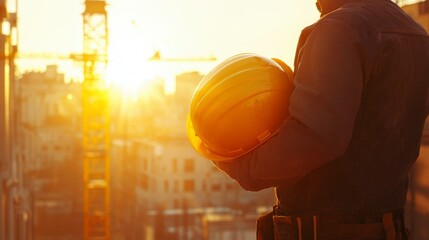 Poster - Construction worker holding hardhat at sunset, overlooking cityscape.