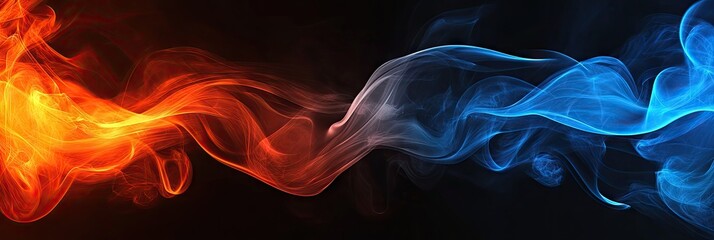 Poster - A captivating abstract image featuring swirling red and blue smoke against a dark background. evoking a sense of movement and contrast. ideal for creative projects