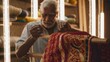 © ShantiMedia - Expert artisan meticulously inspects and adjusts a vibrant, handwoven rug, showcasing the intricate artistry and cultural heritage of traditional rug making within a cozy workshop