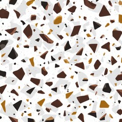 Poster - Abstract seamless terrazzo pattern with playful Dark brown geometric fragments in vivid Dark brown scattered on a clean white background
