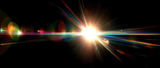 Poster - Bright Starburst Light Rays Radiating Across Black Background Abstract Graphic Design Element