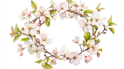 Poster - Watercolor painting of a floral wreath of delicate pink and white blossoms, leaves, and branches forming an oval frame on a white background.