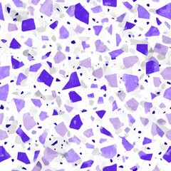 Poster - Abstract seamless terrazzo pattern with playful Lavender geometric fragments in vivid Lavender scattered on a clean white background