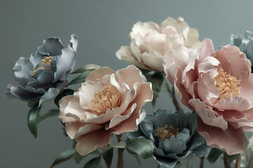 Poster - Close-up of pastel-colored peonies, showcasing soft pink, peach, and gray hues.  The image evokes elegance, serenity, and natural beauty, ideal for design or dÃ©cor
