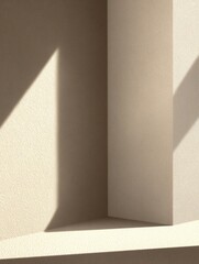 Poster - Interior corner with sunlight casting shadows on textured walls in a minimalist style studio shot for background or product display