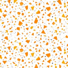 Poster - Abstract seamless terrazzo pattern with playful Neon Orange geometric fragments in vivid Neon Orange scattered on a clean white background