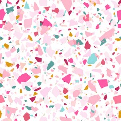 Poster - Abstract seamless terrazzo pattern with playful Pastel Pink geometric fragments in vivid Pastel Pink scattered on a clean white background