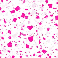 Poster - Abstract seamless terrazzo pattern with playful pink geometric fragments in vivid pink scattered on a clean white background
