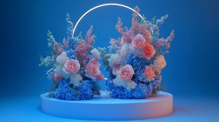 Poster - Two pastel flower arrangements on a podium with a neon ring light.