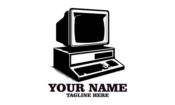 Computer vintage halftone grunge vector illustration design element, Computer vintage halftone grunge logo icon with white background