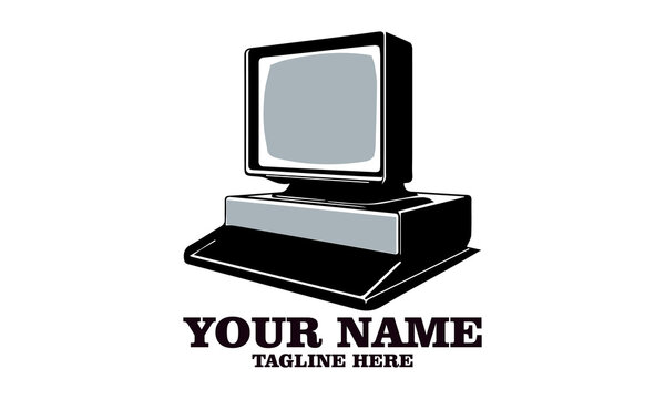 Computer vintage halftone grunge vector illustration design element, Computer vintage halftone grunge logo icon with white background