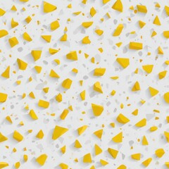 Poster - Abstract seamless terrazzo pattern with playful yellow geometric fragments in vivid yellow scattered on a clean white background
