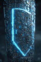 Poster - Futuristic Shield of Circuitry with Neon Blue Outline Close Up Digital Render Protection Concept