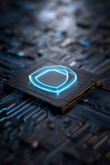 Poster - Close up of a glowing microchip on a dark circuit board, high angle, futuristic technology, security concept, digital age