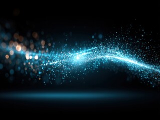 Poster - Abstract blue light particles flowing in a dark space digital art concept with bokeh effect and smooth motion