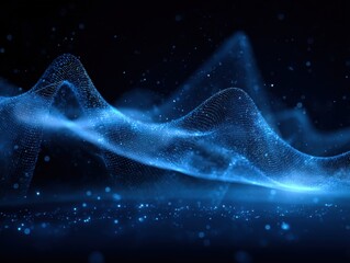 Poster - Abstract blue wave of particles flowing on dark background studio shot for science technology or data visualization concept