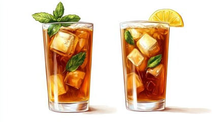 Poster - Two glasses of iced tea with lemon and mint.