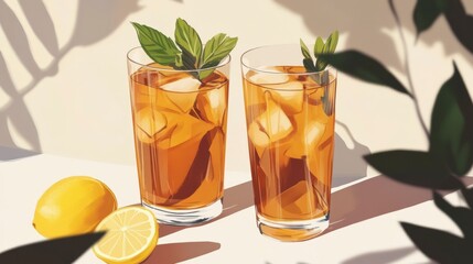 Poster - Two glasses of iced tea with lemon and mint, sunlight and shadows.