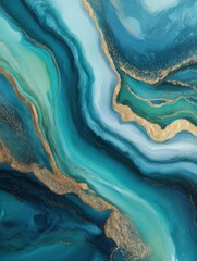 Poster - Abstract art of flowing turquoise and blue hues with gold accents in a fluid painting style background